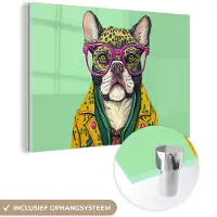 MuchoWow Glasschilderij 180x120 cm - Schilderij acrylglas - Hond - Hippie - Dieren - Bril - Foto op glas - Schilderijen
