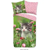 Good Morning dekbedovertrek kitten bloemen - Katoen - 1-persoons (140x220 + 60x70 cm)