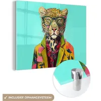 MuchoWow Glasschilderij 120x90 cm - Schilderij acrylglas - Dier - Bril - Luipaard - Strik - Design - Foto op glas - Schilderijen