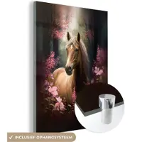 MuchoWow Glasschilderij 120x160 cm - Schilderij acrylglas - Paard - Bloemen - Roze - Natuur - Bos - Foto op glas - Muurdecoratie woonkamer - Wanddecoratie slaapkamer - Schilderijen
