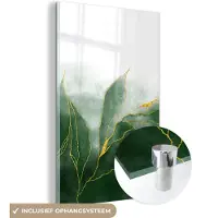 MuchoWow Glasschilderij 100x150 cm - Schilderij acrylglas - Marmer - Groen - Luxe - Goud - Marmerlook - Foto op glas - Schilderijen