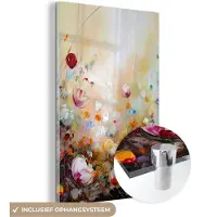 MuchoWow Glasschilderij bloemen - Kunst - Natuur - Oil painting - Foto op glas - Kamer decoratie - Schilderij glas - Schilderijen woonkamer - 80x120 cm - Glasplaat - Wanddecoratie - Muurdecoratie - Slaapkamer