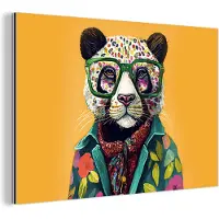 MuchoWow Wanddecoratie Metaal - Aluminium Schilderij Industrieel - Panda - Bril - Bloemen - Hippie - 180x120 cm - Dibond - Foto op aluminium - Industriële muurdecoratie - Voor de woonkamer/slaapkamer