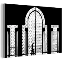 MuchoWow Wanddecoratie Metaal - Aluminium Schilderij Industrieel - Zwart - Wit - Raam - Man - 120x80 cm - Dibond - Foto op aluminium - Industriële muurdecoratie - Voor de woonkamer/slaapkamer