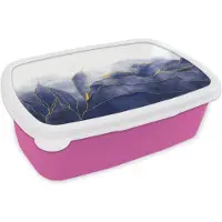MuchoWow Broodtrommel Roze - Lunchbox - Brooddoos - Marmer - Blauw - Marmerlook - Goud - Textuur - 18x12x6 cm - Kinderen - Meisje