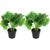 Countryfield Kunstplant Monstera in bloempot - 2x - Groen - 15 x 28 cm - Kunstplanten