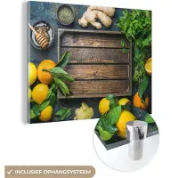 MuchoWow Glasschilderij 80x60 cm - Schilderij acrylglas - Fruitkist - Citroen - Fruit - Foto op glas - Schilderijen