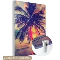 MuchoWow Glasschilderij 60x80 cm - Schilderij acrylglas - Palmboom - Avond - Strand - Zomer - Foto op glas - Schilderijen - Portret van de zomer