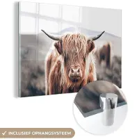 MuchoWow Glasschilderij 120x80 cm - Schilderij acrylglas - Schotse Hooglander - Berg - Hoorn - Foto op glas - Schilderijen