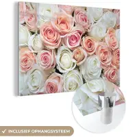 MuchoWow Glasschilderij 90x60 cm - Schilderij acrylglas - Rozen - Bloemen - Wit - Roze - Foto op glas - Schilderijen