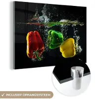 MuchoWow Glasschilderij 90x60 cm - Schilderij acrylglas - Paprika - Groente - Water - Zwart - Rood - Groen - Geel - Foto op glas - Schilderijen