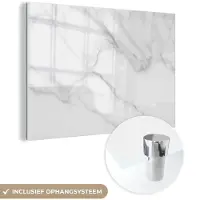 MuchoWow Glasschilderij 90x60 cm - Schilderij acrylglas - Marmer - Structuur - Wit - Grijs - Steen - Marmerlook - Foto op glas - Schilderijen