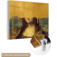 MuchoWow Glasschilderij 40x30 cm - Schilderij acrylglas - Mona Lisa - Goud - Da Vinci - Foto op glas - Schilderijen