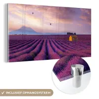 MuchoWow Glasschilderij - Foto op glas - Acrylglas - Lavendel - Luchtballon - Wolken - Bloemen - Zonsondergang - 80x40 cm - Glasschilderij natuur - Wanddecoratie - Schilderij paars - Decoratie woonkamer