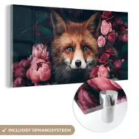 MuchoWow Glasschilderij 160x80 cm - Schilderij acrylglas - Vos - Bloemen - Botanisch - Dieren - Foto op glas - Schilderijen