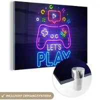 MuchoWow Glasschilderij 120x80 cm - Schilderij acrylglas - Gaming - Neon - Let's Play - Controller - Quotes - Foto op glas - Schilderijen