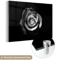 MuchoWow Glasschilderij 90x60 cm - Schilderij acrylglas - Bloemen - Zwart - Roos - Wit - Botanisch - Foto op glas - Schilderijen