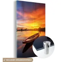 MuchoWow - Glasschilderij - Kamer decoratie - Boot - Zonsondergang - Oranje - Water - 80x120 cm - Wanddecoratie - Foto op glas - Glas schilderij - Acrylglas