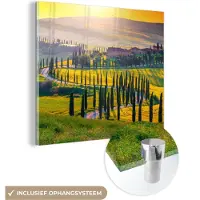 MuchoWow Glasschilderij 20x20 cm - Schilderij acrylglas - Gras - Zon - Heuvel - Landschap - Foto op glas - Schilderijen