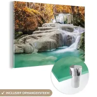 MuchoWow Glasschilderij 30x20 cm - Schilderij acrylglas - Bos - Waterval - Water - Herfst - Foto op glas - Schilderijen