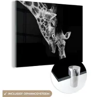 MuchoWow Glasschilderij - Foto op glas - Acrylglas - Wilde dieren - Giraffe - Familie - Zwart wit - 120x90 cm - Glasschilderij giraffe - Wanddecoratie glas - Decoratie woonkamer - Glasschilderij dieren