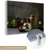 MuchoWow Glasschilderij 120x80 cm - Schilderij acrylglas - Theepot - Thee - Stilleven - Foto op glas - Schilderijen