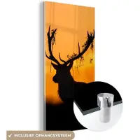 MuchoWow Glasschilderij 80x160 cm - Schilderij acrylglas - Hert - Oranje - Silhouet - Dieren - Natuur - Foto op glas - Schilderijen