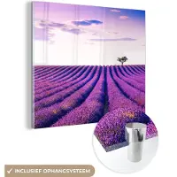 MuchoWow - Glasschilderij - Foto op glas - Acrylglas - Lavendel - Boom - Lucht - Paars - Bloemen - 90x90 cm - Glasschilderij bloemen - Schilderij paars - Muurdecoratie