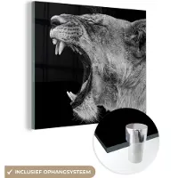MuchoWow - Glasschilderij - Foto op glas - Dieren - Leeuw - Jungle - Zwart-wit - Wanddecoratie - 20x20 cm - Acrylglas - Muurdecoratie glas - Schilderij leeuw