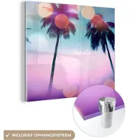 MuchoWow Glasschilderij 20x20 cm - Schilderij acrylglas - Zomer - Palmen - Lucht - Roze - Foto op glas - Schilderijen