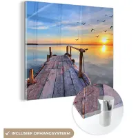 MuchoWow Glasschilderij - Foto op glas - Steiger - Water - Vogels - Natuur - Acrylglas - Schilderij glas - Acrylplaat - Wanddecoratie - 20x20 cm - Glasschilderij natuur - Muurdecoratie