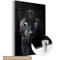 MuchoWow Glasschilderij 30x40 cm - Schilderij acrylglas - Panter - Zwart - Geel - Foto op glas - Schilderijen