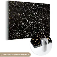 MuchoWow Glasschilderij 150x100 cm - Schilderij acrylglas - Goud - Zwart - Stippen - Patronen - Foto op glas - Schilderijen