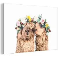 MuchoWow Wanddecoratie Metaal - Aluminium Schilderij Industrieel - Alpaca - Bloemen - Dieren - Natuur - 120x80 cm - Dibond - Foto op aluminium - Industriële muurdecoratie - Voor de woonkamer/slaapkamer