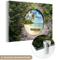 MuchoWow Glasschilderij 120x80 cm - Schilderij acrylglas - Strand - Palmboom - Doorkijk - Kano - Foto op glas - Muurdecoratie woonkamer - Wanddecoratie slaapkamer - Schilderijen