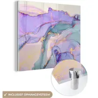 MuchoWow Glasschilderij 90x90 cm - Schilderij acrylglas - Goud - Marmer - Paars - Foto op glas - Schilderijen