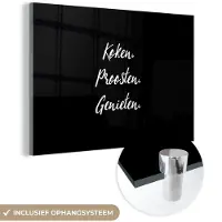 MuchoWow Glasschilderij 30x20 cm - Schilderij acrylglas - Quotes - Spreuken - Koken. Proosten. Genieten. - Eten - Foto op glas - Schilderijen