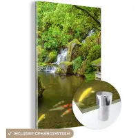MuchoWow - Glasschilderij - Foto op glas - Acrylglas - Waterval - Koi - Japanse lantaarn - Mos - Water - Natuur - 80x120 cm - Glasschilderij natuur - Woondecoratie - Wanddecoratie