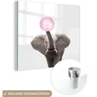 MuchoWow Glasschilderij 50x50 cm - Schilderij acrylglas - Dieren - Olifant - Roze - Meisjes - Kinderen - Kauwgom - Foto op glas - Schilderijen