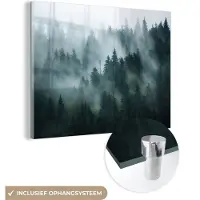 MuchoWow Glasschilderij 40x30 cm - Schilderij acrylglas - Mist - Bomen - Bos - Foto op glas - Schilderijen