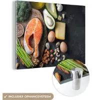 MuchoWow Glasschilderij 80x60 cm - Schilderij acrylglas - Vlees - Eieren - Fruit - Kaas - Kruiden - Foto op glas - Schilderijen