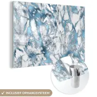 MuchoWow Glasschilderij 120x80 cm - Schilderij acrylglas - Marmer - Luxe - Zilver - Blauw - Foto op glas - Schilderijen