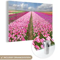 MuchoWow Glasschilderij 150x100 cm - Schilderij acrylglas - Tulpen - Zon - Lente - Foto op glas - Schilderijen