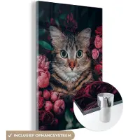 MuchoWow Glasschilderij 20x30 cm - Schilderij acrylglas - Kat - Bloemen - Dieren - Botanisch - Foto op glas - Schilderijen