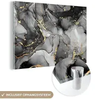 MuchoWow Glasschilderij 120x80 cm - Schilderij acrylglas - Marmer - Zwart - Goud - Grijs - Foto op glas - Schilderijen