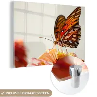 MuchoWow - Glasschilderij - Foto op glas - Acrylverf - Vlinder - Insect - Bloemen - Natuur - 120x80 cm - Glasschilderij dieren - Glasschilderij vlinder - Wanddecoratie - Muurdecoratie