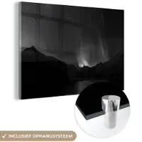 MuchoWow Glasschilderij 90x60 cm - Schilderij acrylglas - Bergen - Noorderlicht - Ruimte - Foto op glas - Schilderijen
