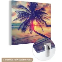 MuchoWow Glasschilderij 90x90 cm - Schilderij acrylglas - Palmboom - Avond - Strand - Zomer - Foto op glas - Schilderijen - Portret van de zomer