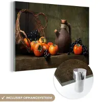 MuchoWow Glasschilderij 60x40 cm - Schilderij acrylglas - Rustiek - Fruit - Kan - Mand - Stilleven - Foto op glas - Schilderijen