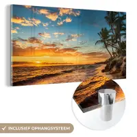 MuchoWow Glasschilderij - Schilderij zee - Strand - Horizon - Palmboom - Zee - Landschap - 40x20 cm - Acrylglas - Kamer decoratie - Foto op glas - Glazen schilderij
